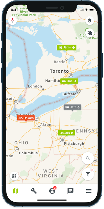 OnPoint Connect mobile app showing live asset tracking and management features